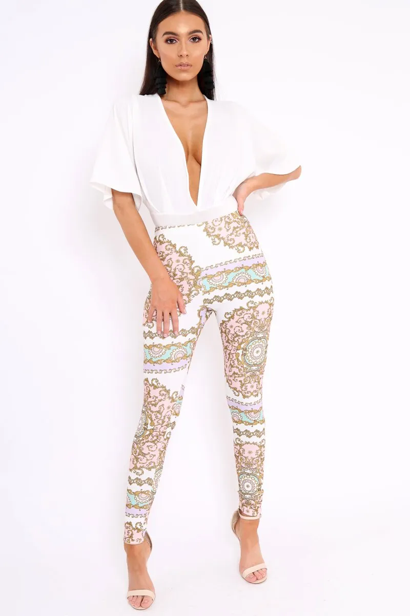 White and Rose Scarf Print Leggings - Lilyan