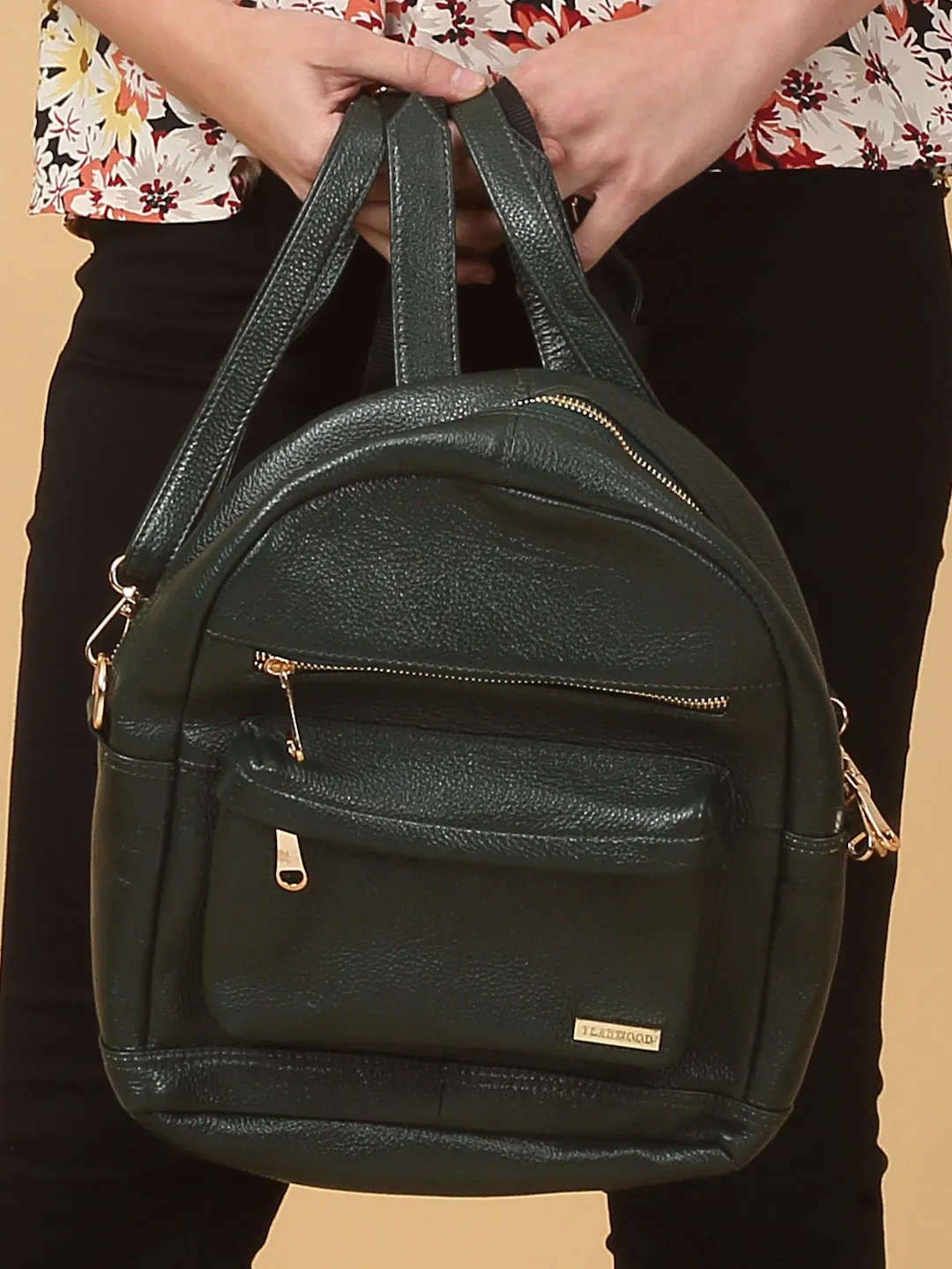 Women Green Texture Leather Backpack