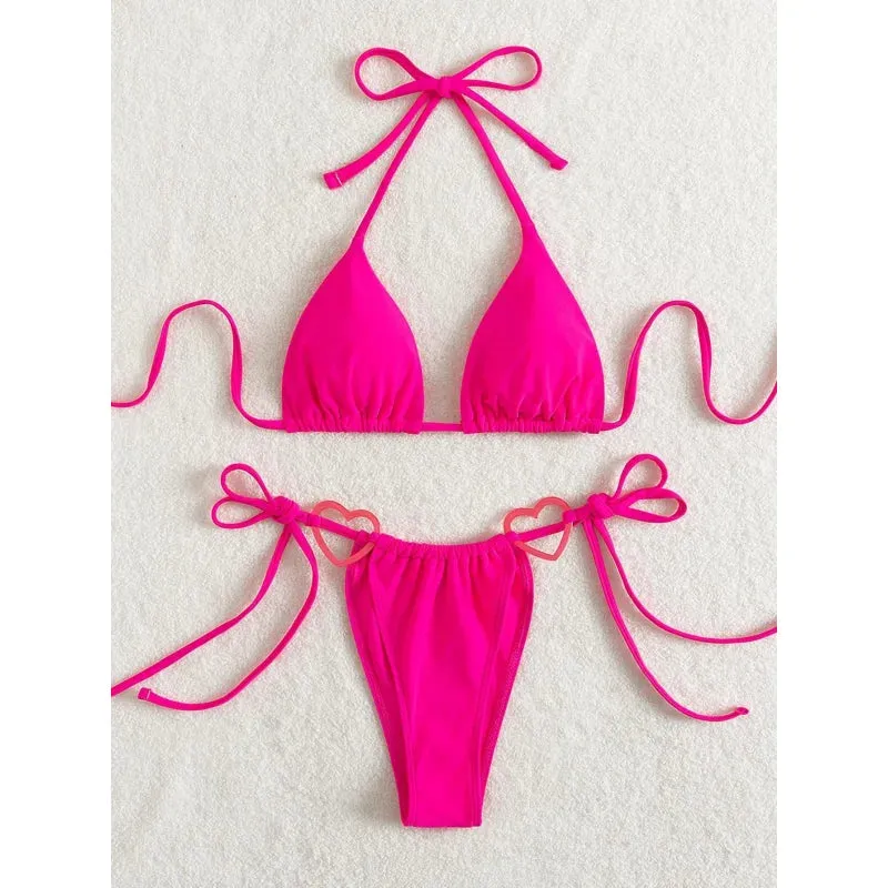 Women's Sexy Hot Pink Push-Up Bra Micro Bikini Triangle Swimsuit