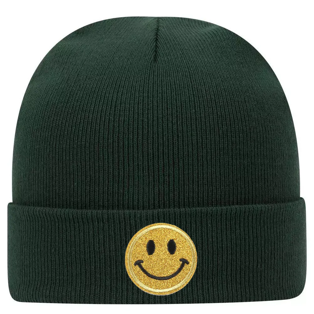 Yellow Glitter Happy Face Superior Cotton Blend 12 Classic Knit Cuff Beanies for Men & Women