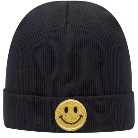 Yellow Glitter Happy Face Superior Cotton Blend 12 Classic Knit Cuff Beanies for Men & Women