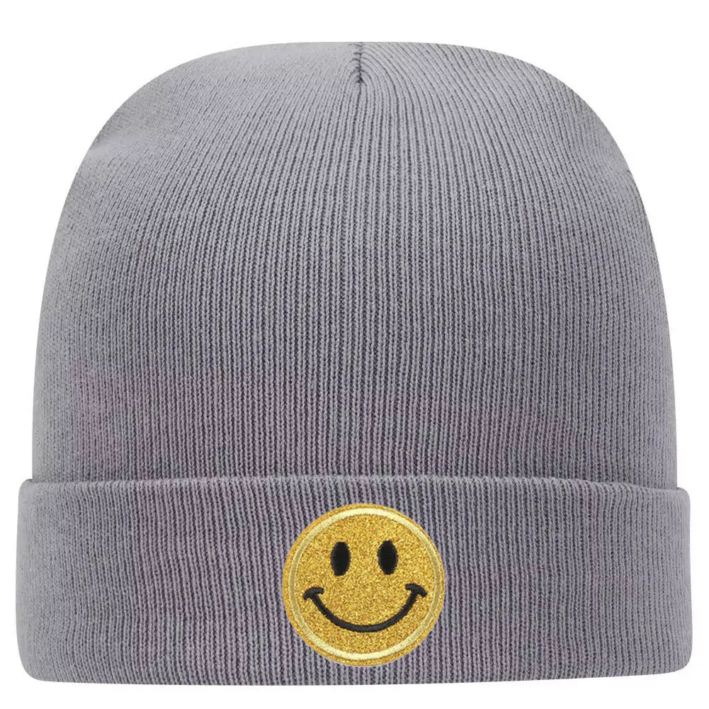 Yellow Glitter Happy Face Superior Cotton Blend 12 Classic Knit Cuff Beanies for Men & Women