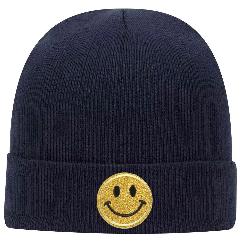 Yellow Glitter Happy Face Superior Cotton Blend 12 Classic Knit Cuff Beanies for Men & Women