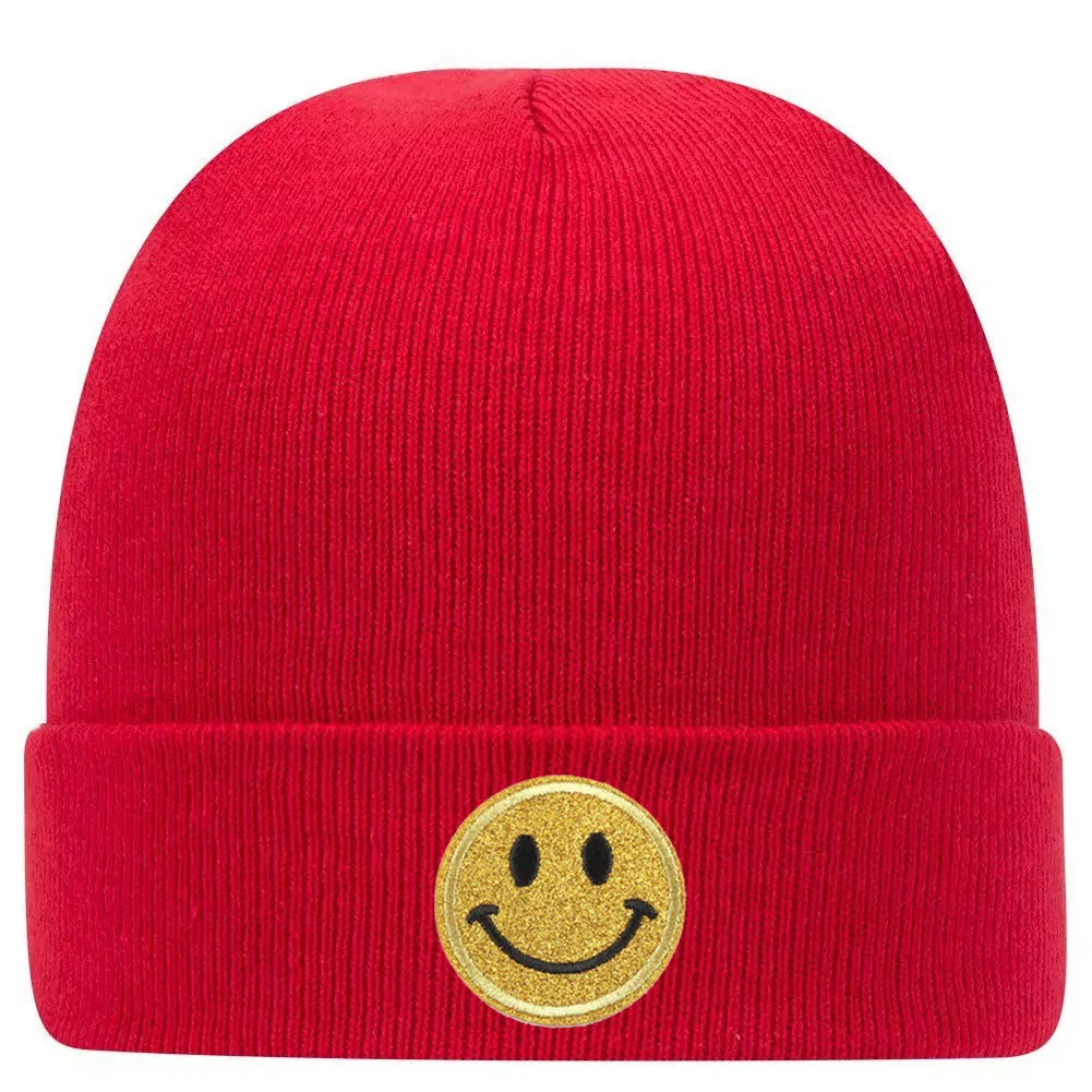 Yellow Glitter Happy Face Superior Cotton Blend 12 Classic Knit Cuff Beanies for Men & Women