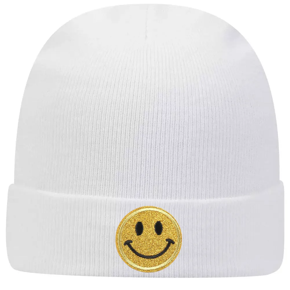 Yellow Glitter Happy Face Superior Cotton Blend 12 Classic Knit Cuff Beanies for Men & Women